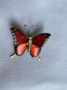 Vintage Red Glitter Sparkle Butterfly Brooch Silver Tone Metal Pin